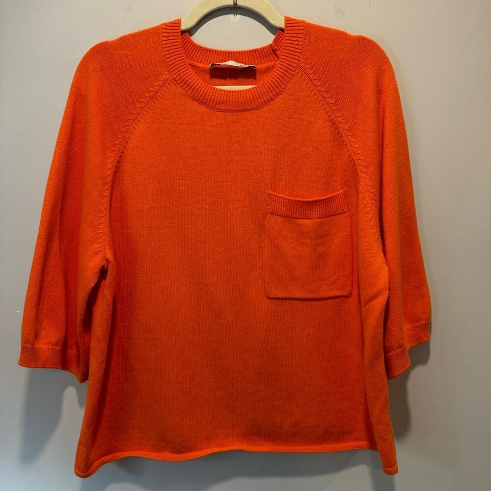 🍁Oui Viscose Cotton‎ Blend 3/4 Sleeve Crew Neck Sweater Top Orange Minimalist 8